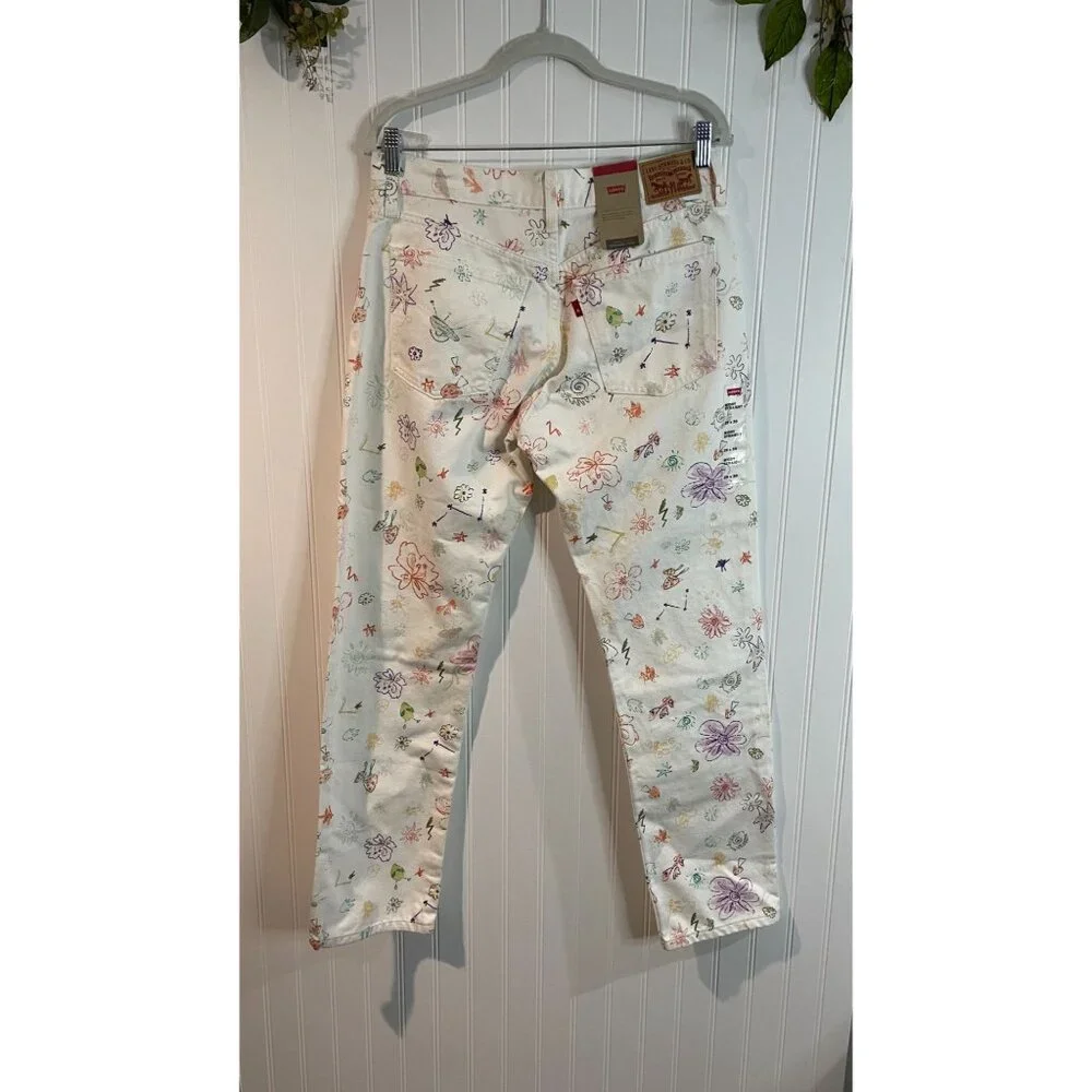 Levi’s 27/30 Middy Straight White Printed Denim Cotton Jeans NWT - Picture 2 of 14